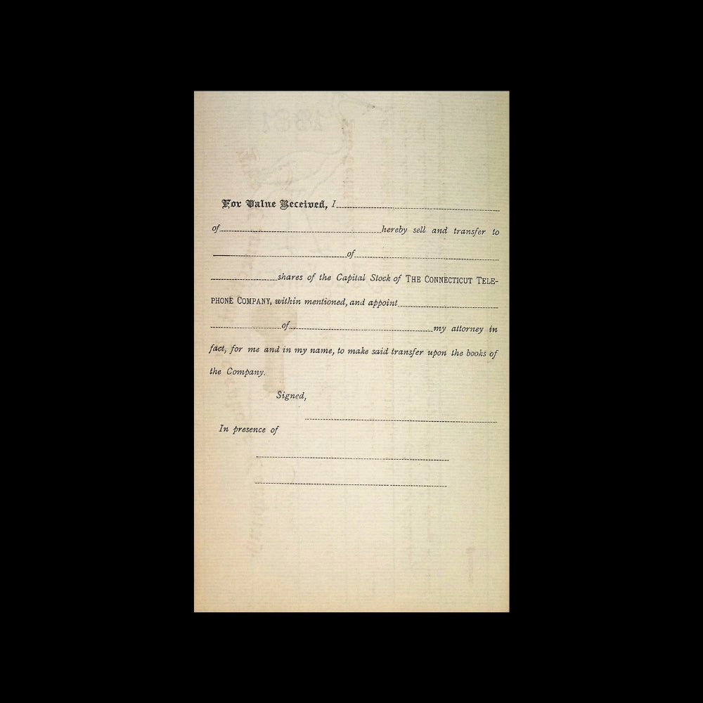 Connecticut Telephone Company Unissued Stock Certificate from 1890s