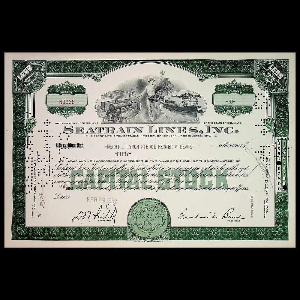 Seatrain Lines Inc Stock Certificate from 1950 - 1960 with Train and Ship