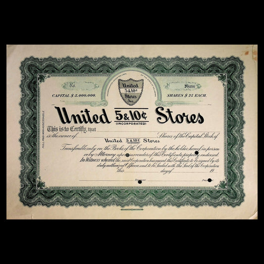 United 5 & 10¢ Stores Stock Certificate early 1900s