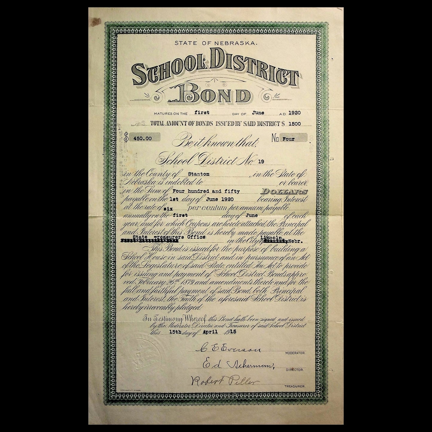 State of Nebraska School District Bond Certificate from 1915