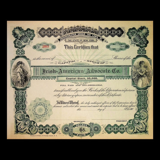 Irish American Advocate Company Unissued Stock Certificate from 1910s