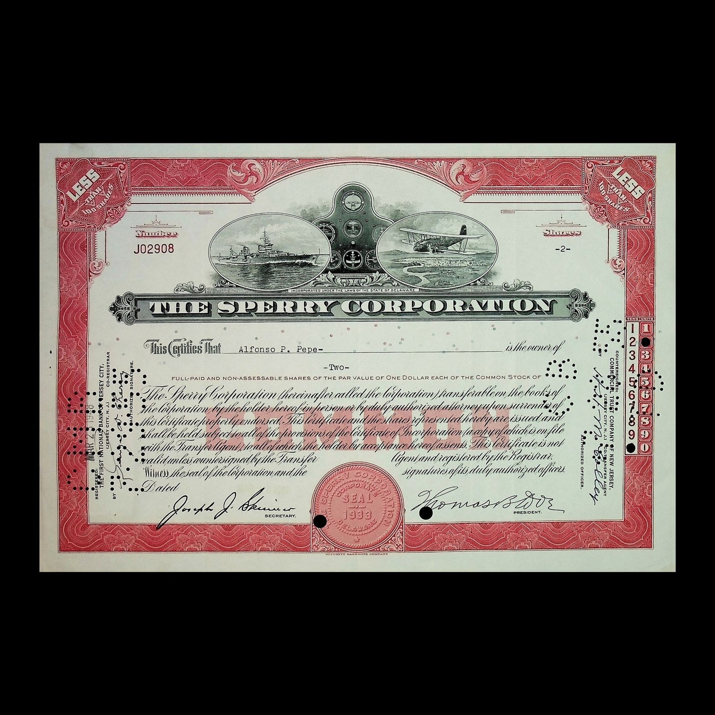 Sperry Corporation Stock Certificate from 1940s (Red)
