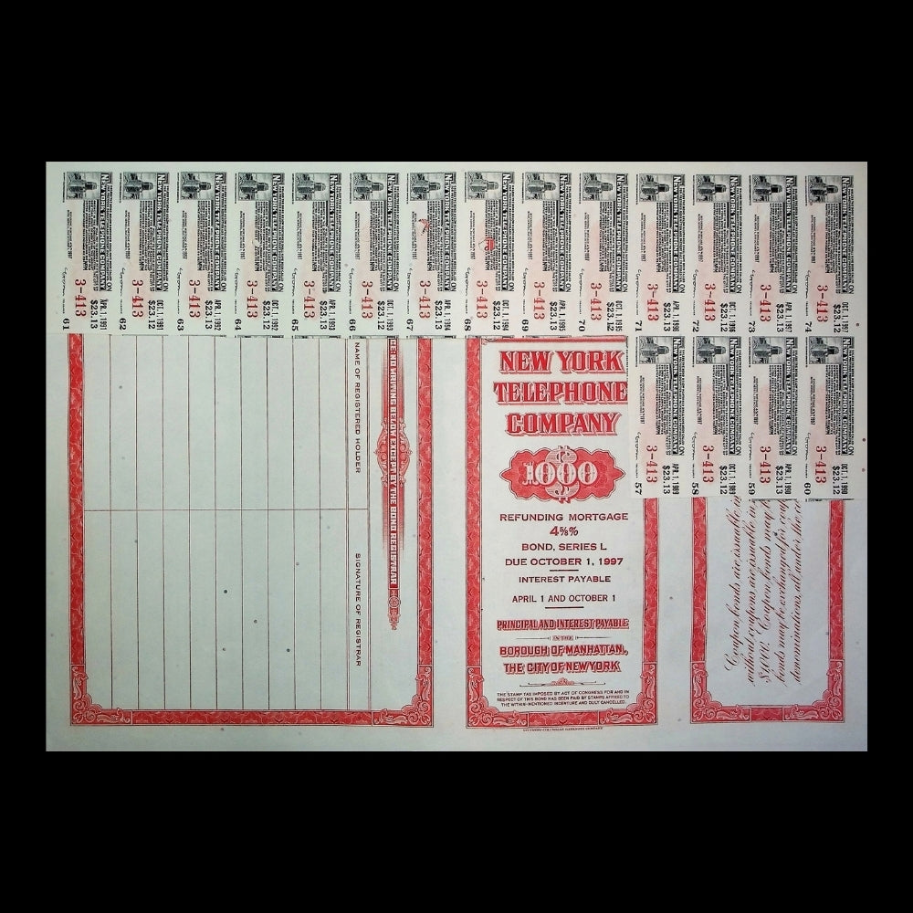 New York Telephone Company Bond Certificate from 1960 with coupons