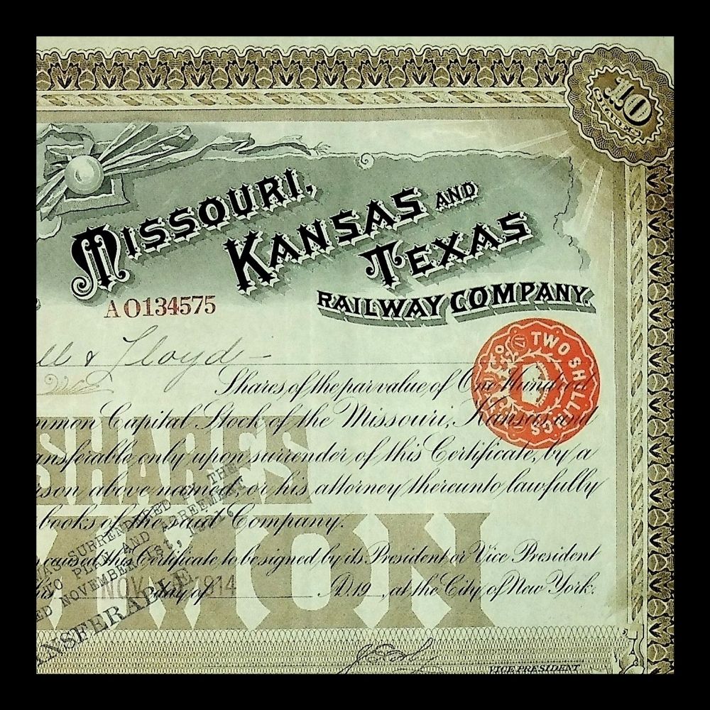 Missouri, Kansas and Texas Railway Company Stock Certificate early 1900s