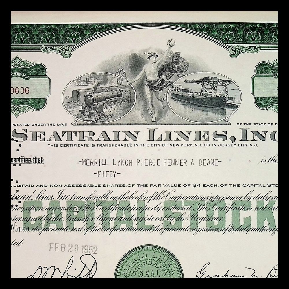 Seatrain Lines Inc Stock Certificate from 1950 - 1960 with Train and Ship