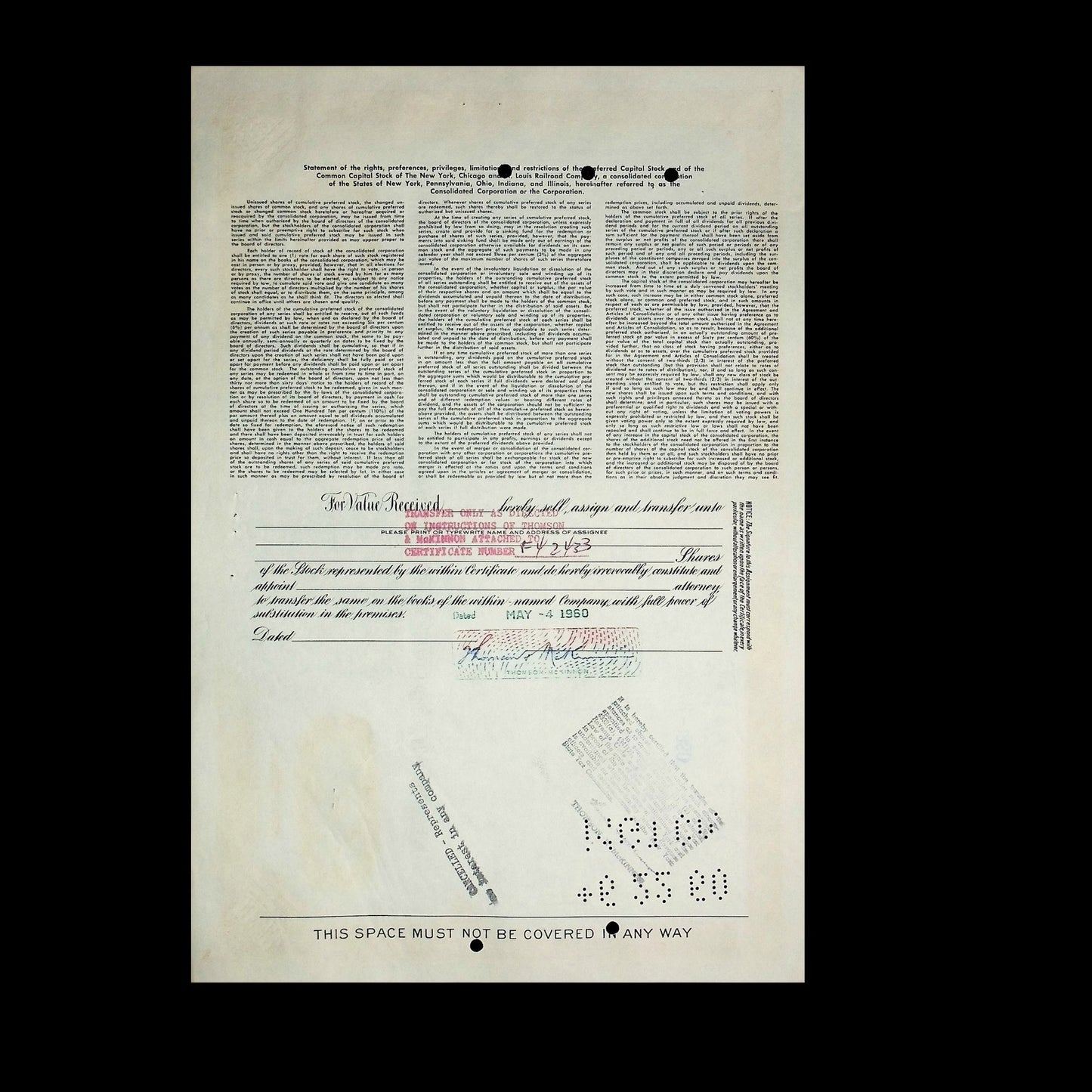 New York, Chicago and St. Louis Railroad Company Stock Certificate from 1950s