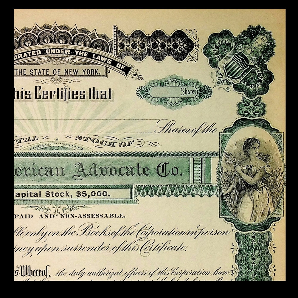 Irish American Advocate Company Unissued Stock Certificate from 1910s