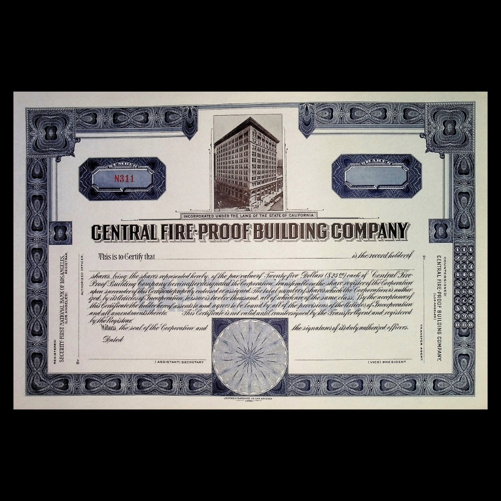 Central Fireproof Building Company California Unissued Stock Certificate from 1915