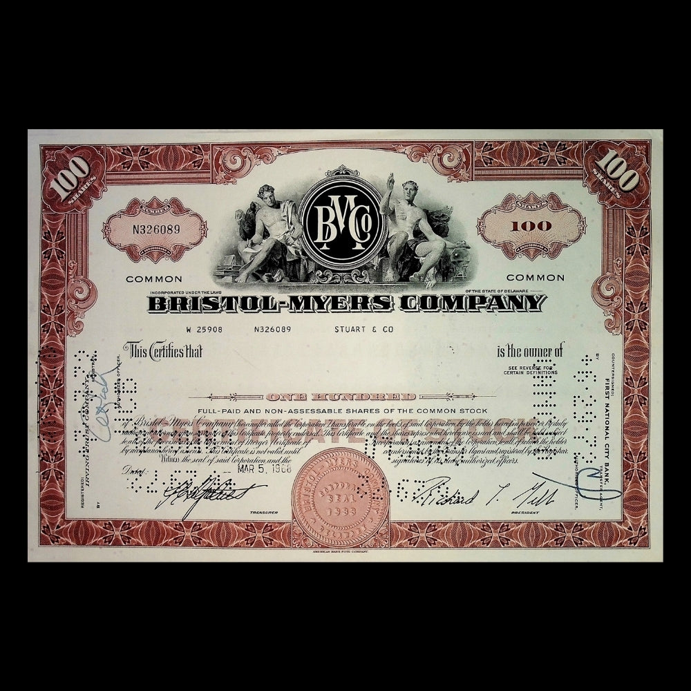 Bristol-Myers Company Stock Certificate from 1960s (Brown)
