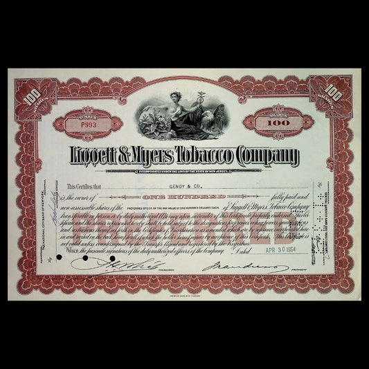 Liggett & Myers Tobacco Company Stock Certificate from 1950s (Brown)