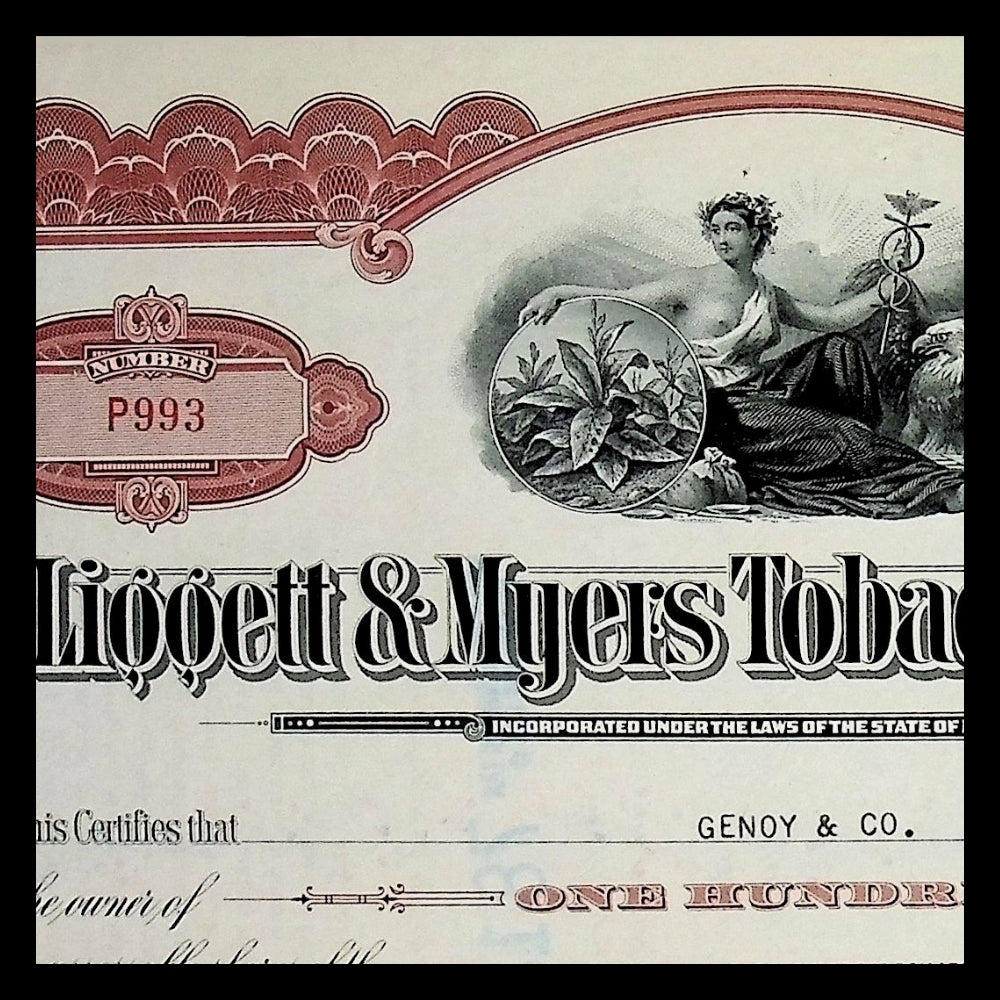 Liggett & Myers Tobacco Company Stock Certificate from 1950s (Brown)
