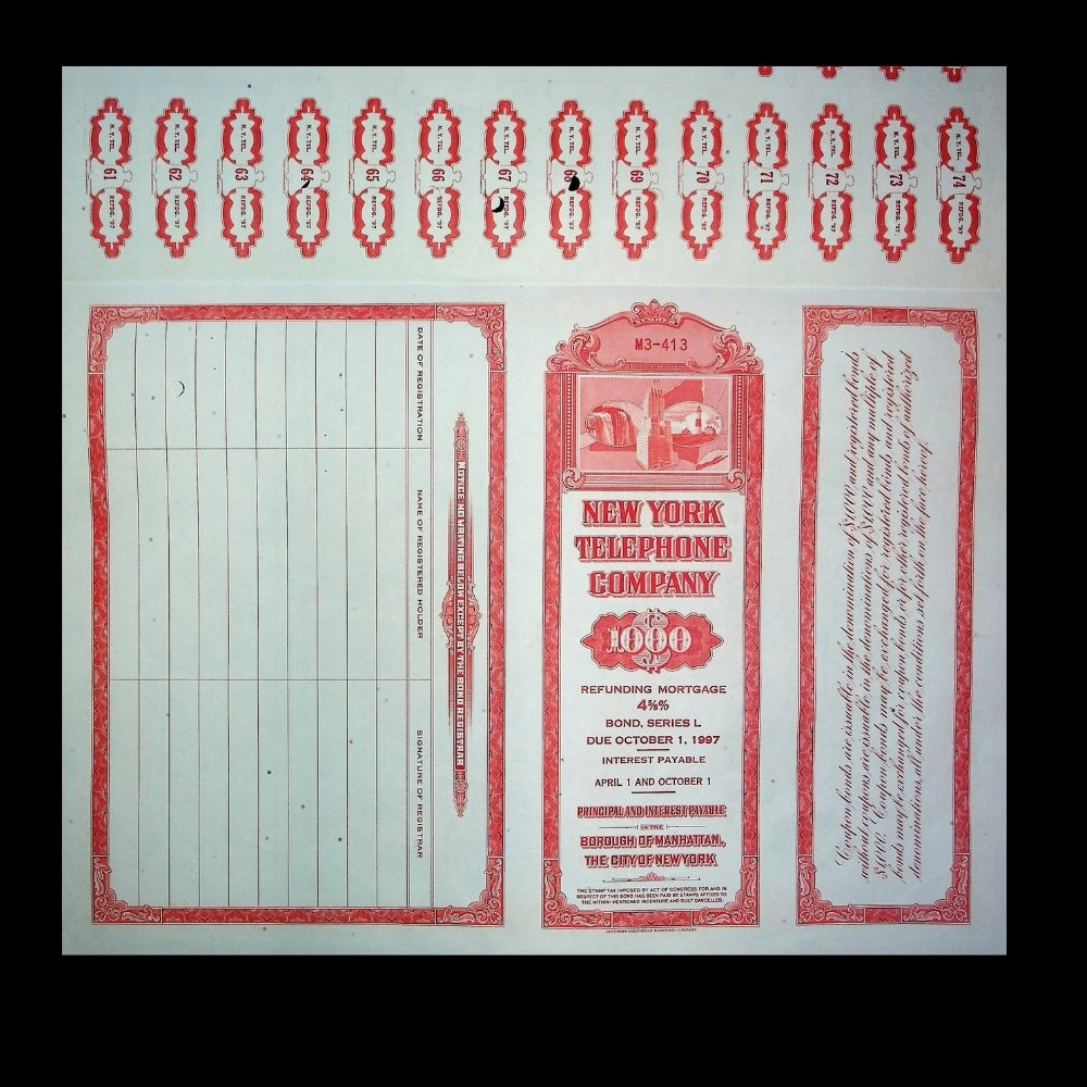 New York Telephone Company Bond Certificate from 1960 with coupons