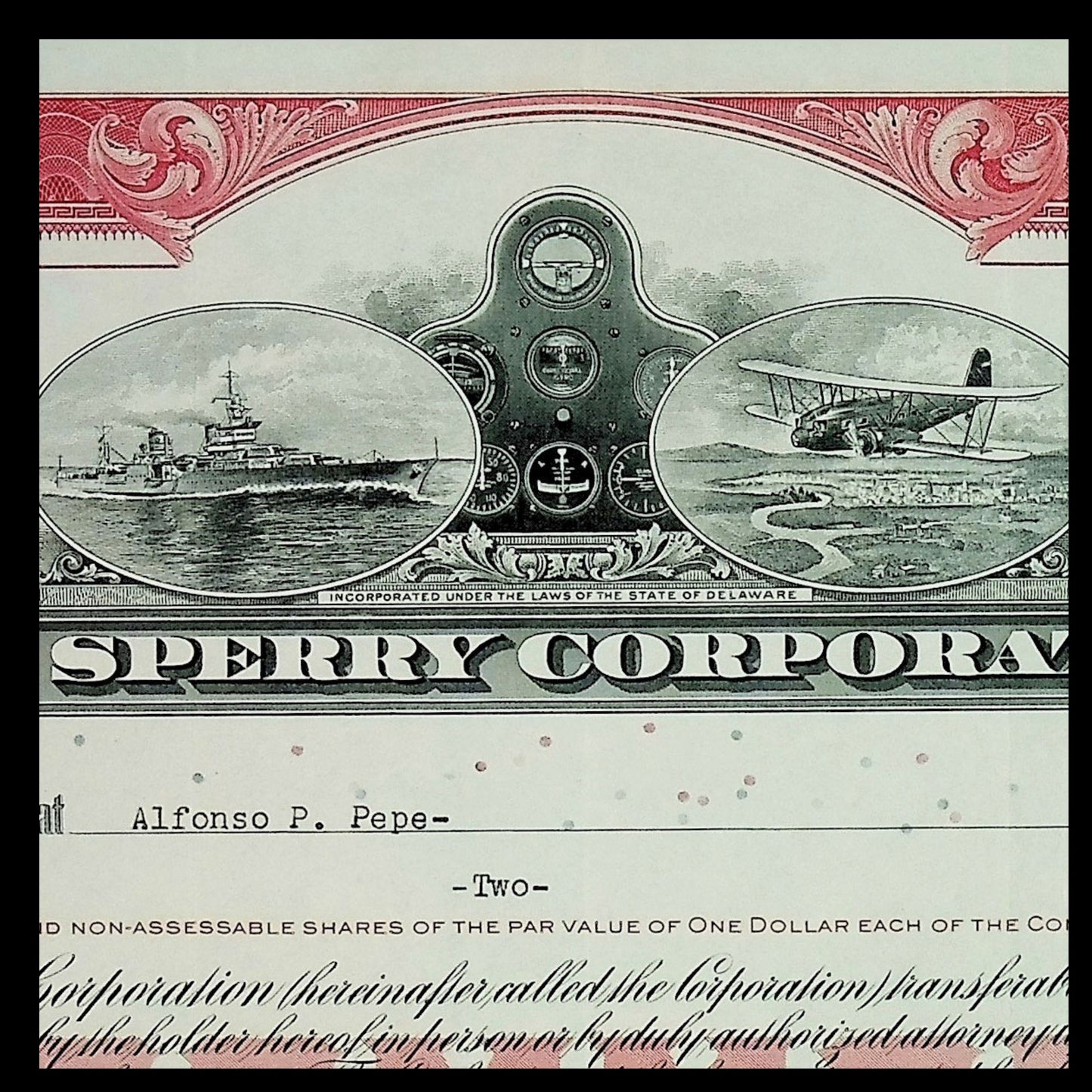 Sperry Corporation Stock Certificate from 1940s (Red)