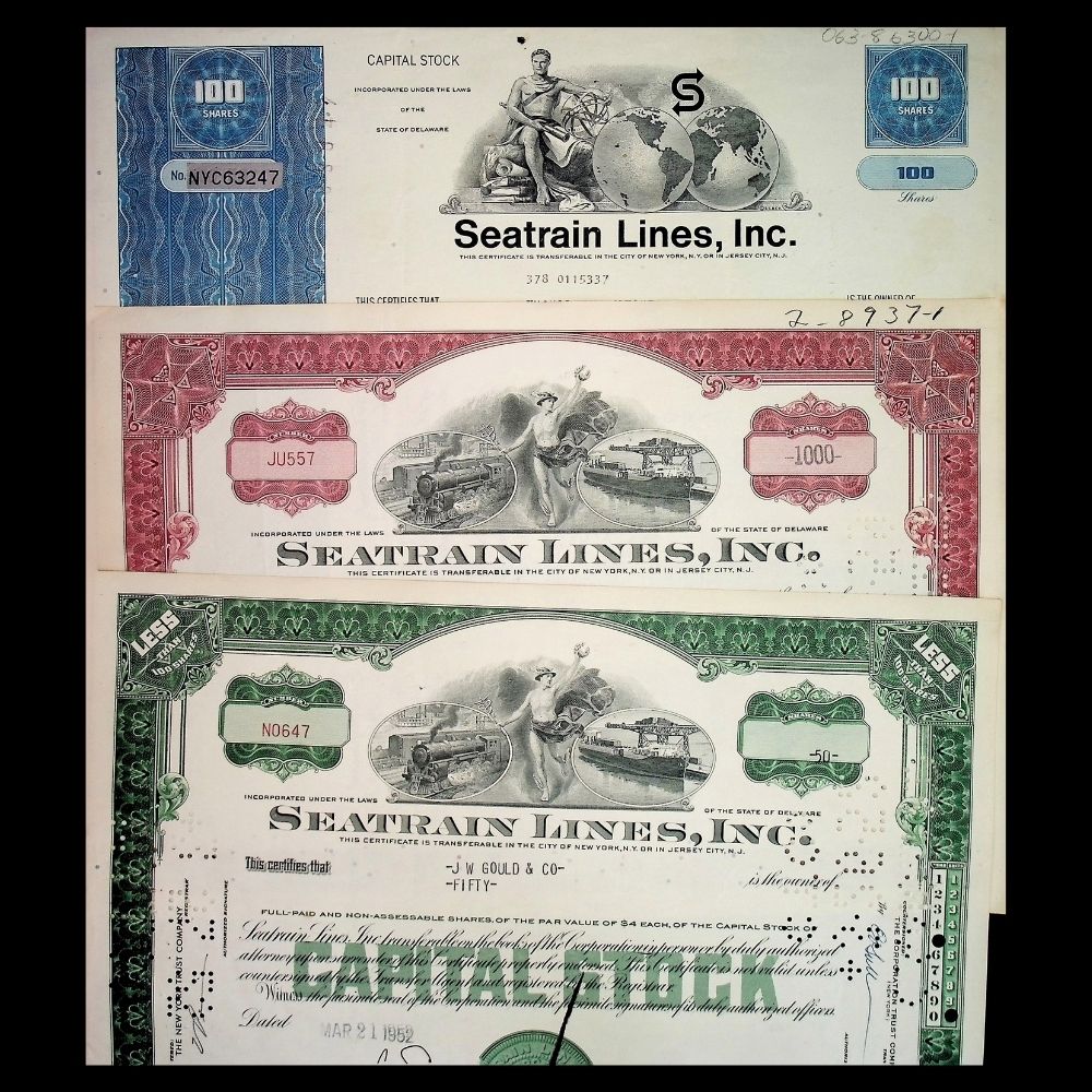 Seatrain Lines Inc Stock Certificate from 1950 - 1960 with Train and Ship