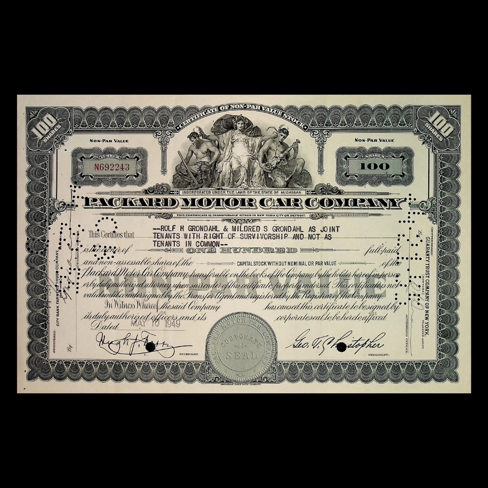 Packard Motor Car Company Stock Certificate from 1940s