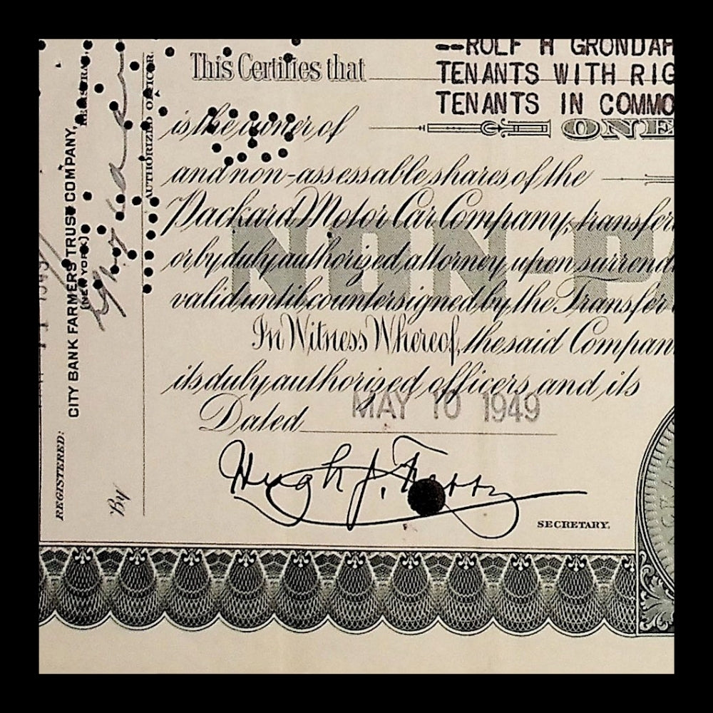 Packard Motor Car Company Stock Certificate from 1940s