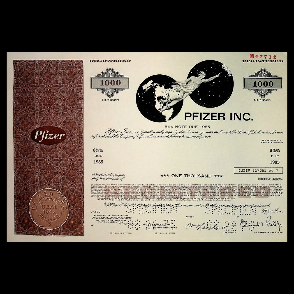 Pfizer Incorporated Bond Certificate from 1980s (Brown)