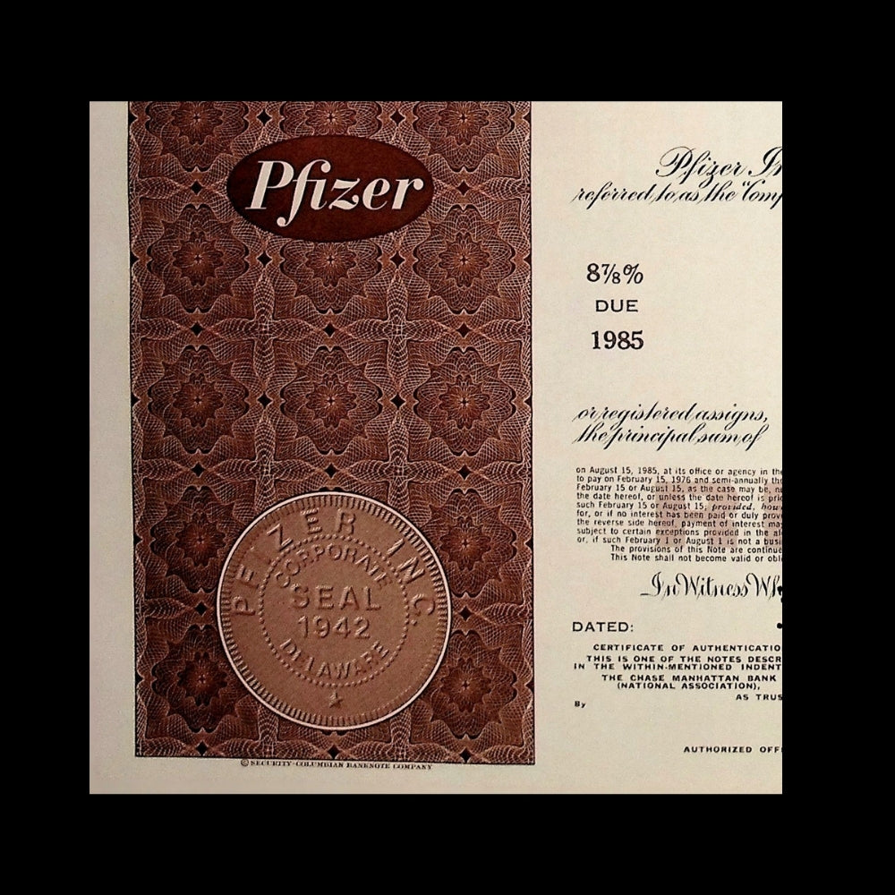 Pfizer Incorporated Bond Certificate from 1980s (Brown)