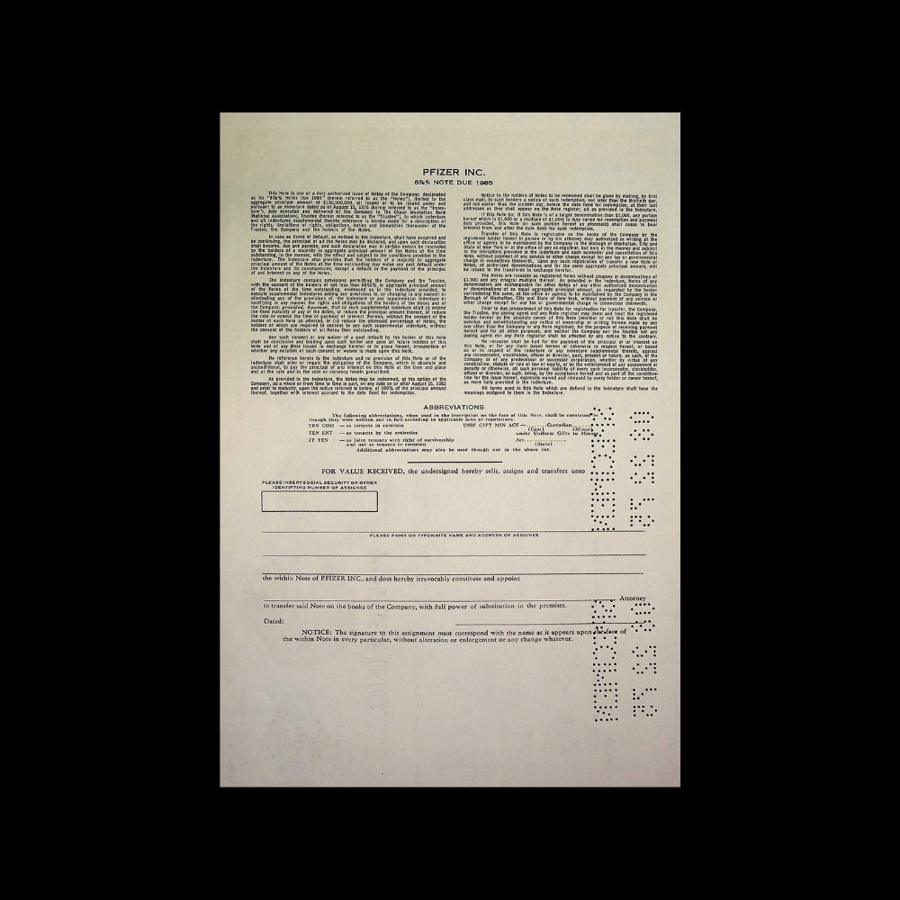 Pfizer Incorporated Bond Certificate from 1980s (Brown)