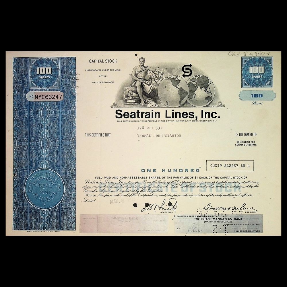 Seatrain Lines Inc Stock Certificate from 1950 - 1960 with Train and Ship