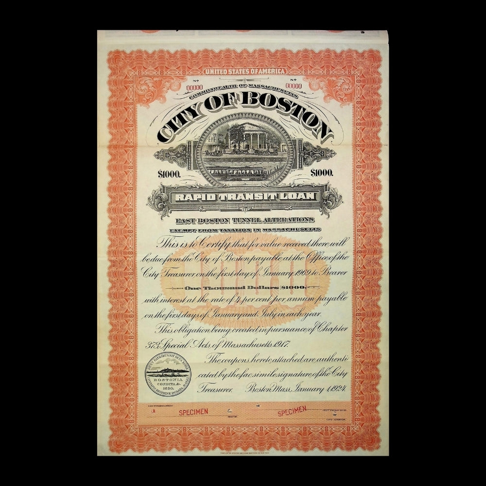 City of Boston Rapid Transit Specimen Bond Certificate 1920s