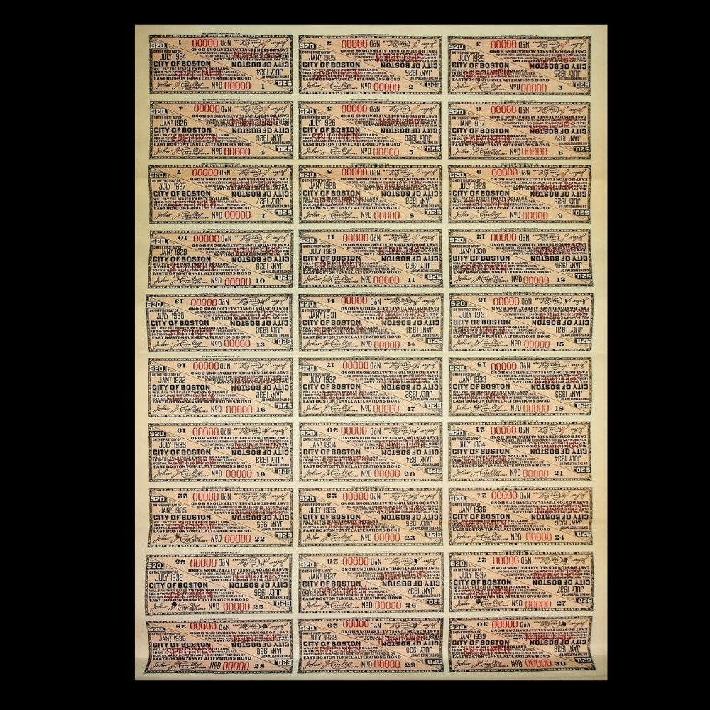City of Boston Rapid Transit Specimen Bond Certificate 1920s