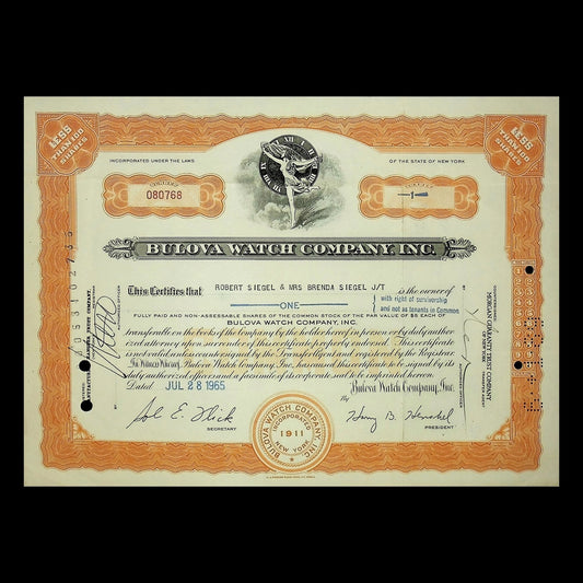 Bulova Watch Company Stock Certificate from 1960s