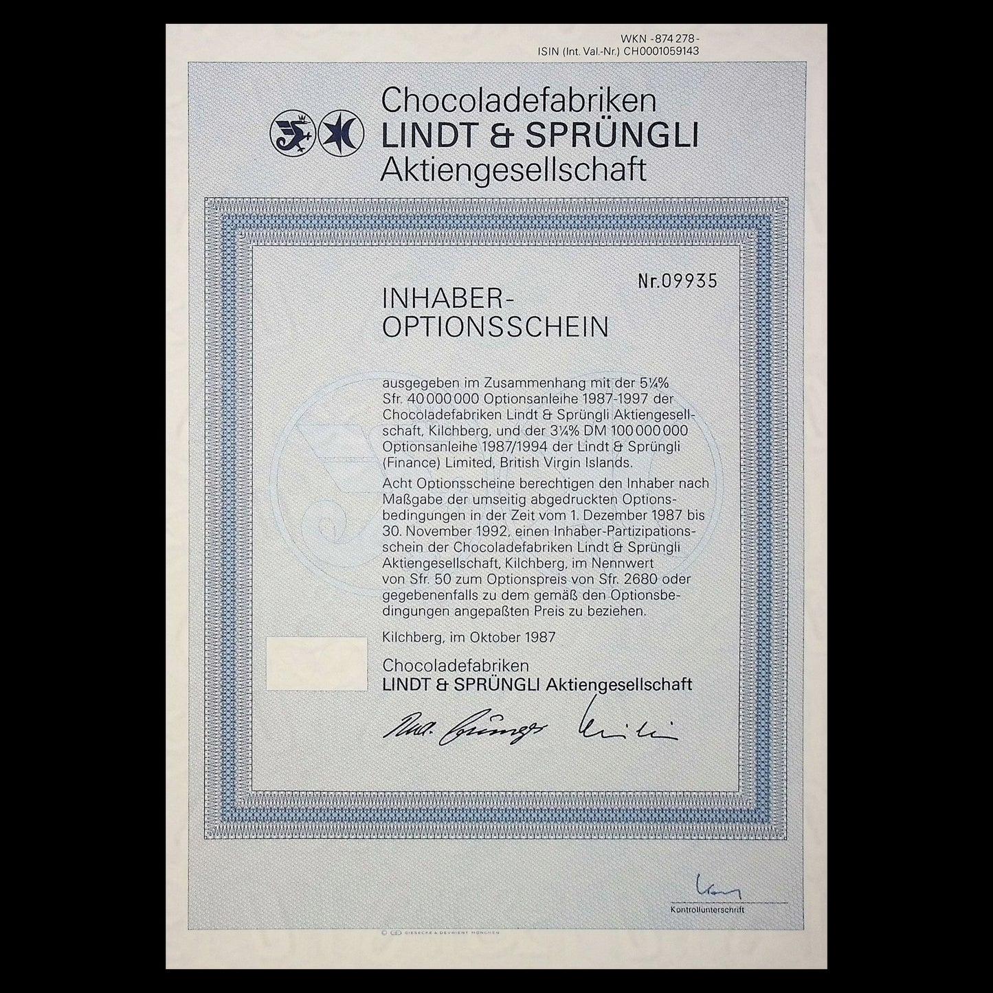 Lindt & Sprüngli 巧克力 (Chocoladefabriken Aktiengesellschaft) 1987 年德文保修证书