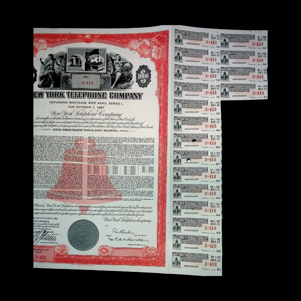 New York Telephone Company Bond Certificate from 1960 with coupons