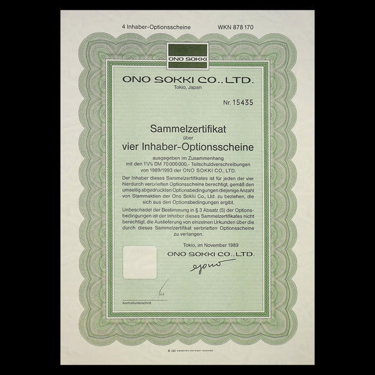 Ono Sokki Co Ltd (Tokyo) Warrant In German from 1989