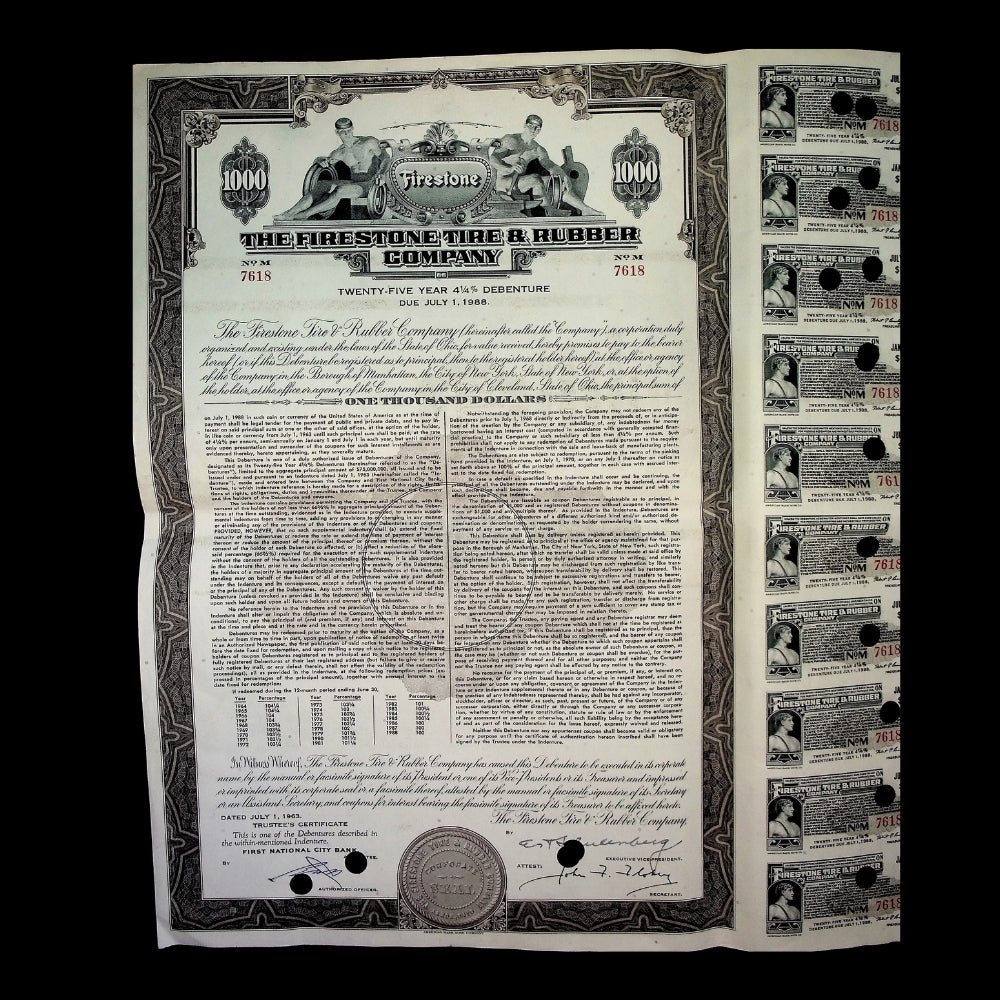 Firestone Tire & Rubber Company Bond Certificate from 1963 with coupons