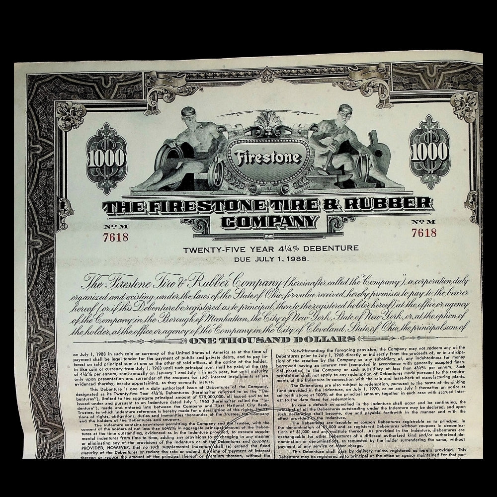 Firestone Tire & Rubber Company Bond Certificate from 1963 with coupons