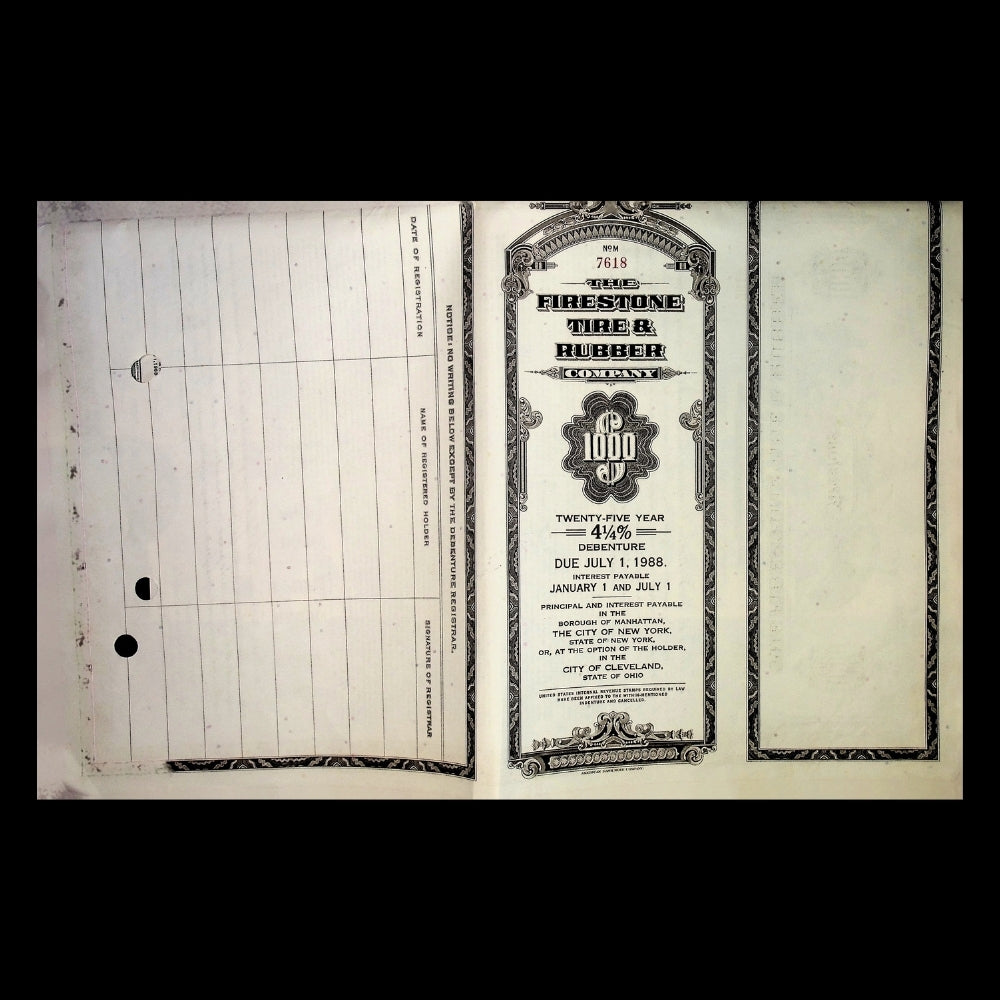Firestone Tire & Rubber Company Bond Certificate from 1963 with coupons