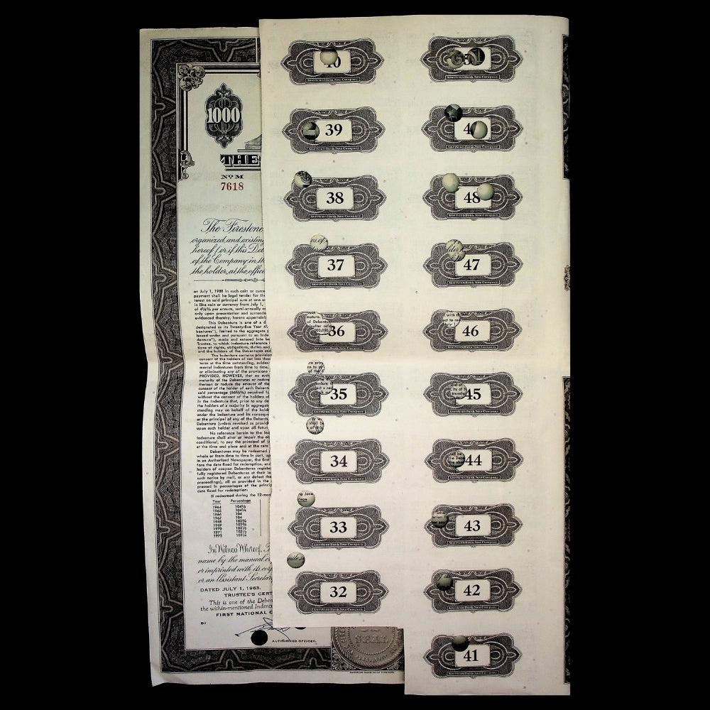 Firestone Tire & Rubber Company Bond Certificate from 1963 with coupons