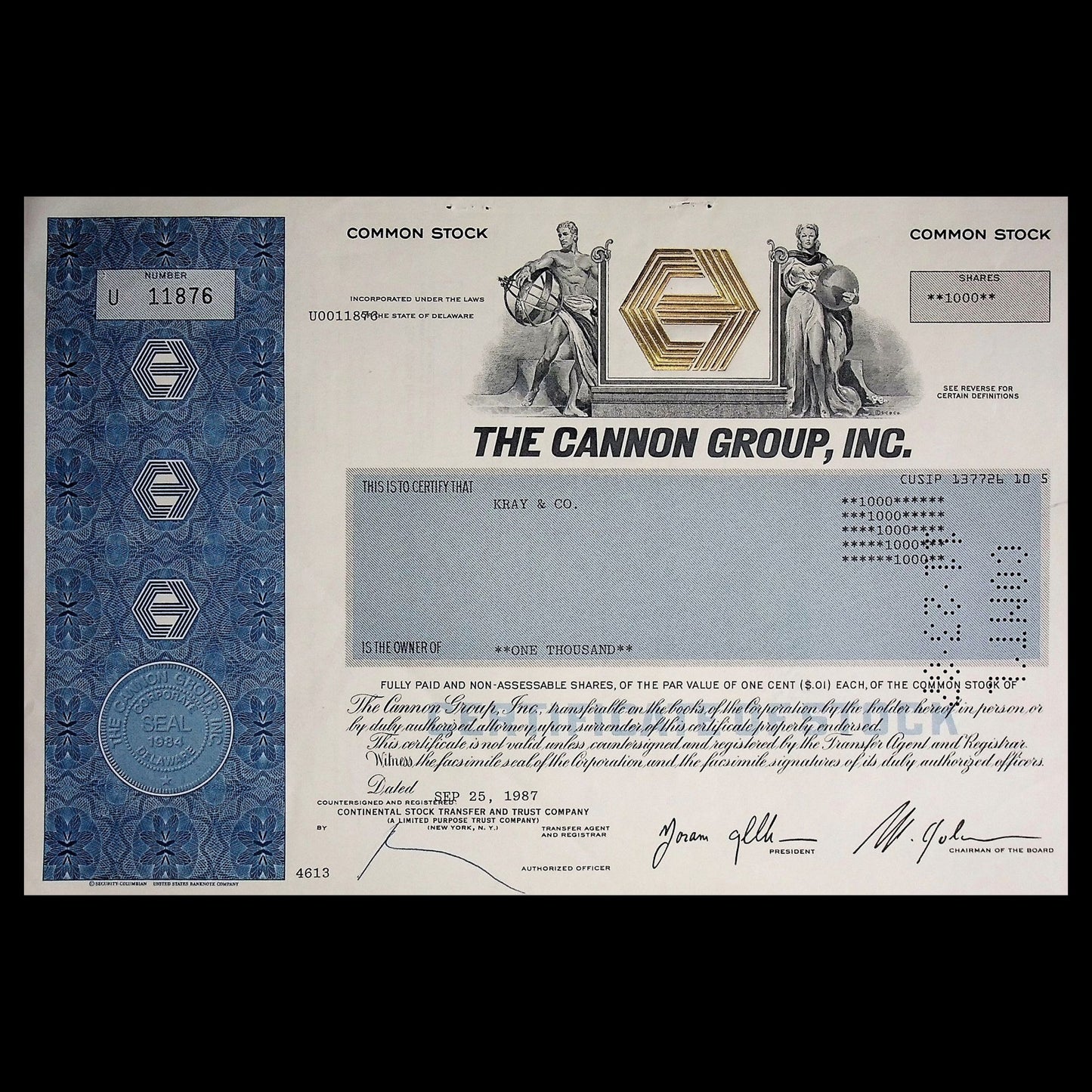 The Cannon Group, Inc (Chunk Norris) Scandal Stock Certificate from 1980s