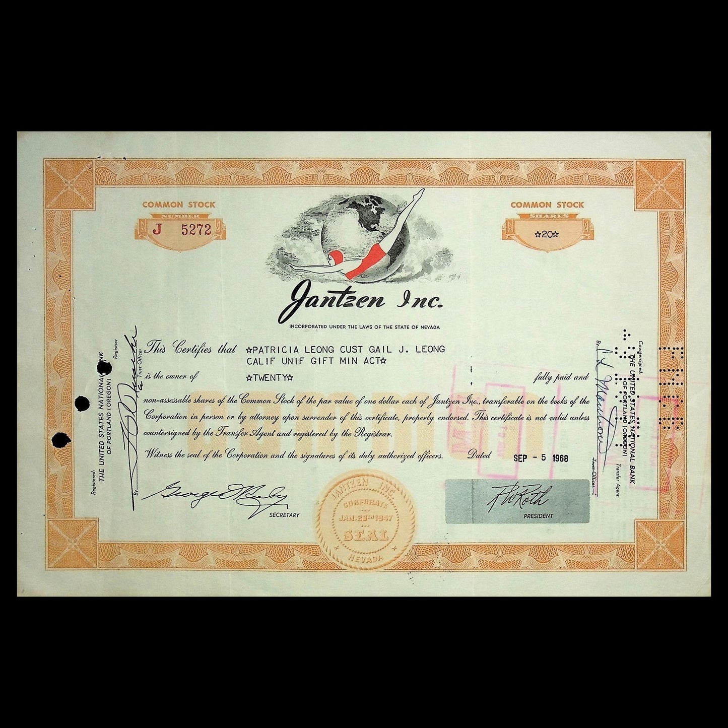 Jantzen Knitting Mills Inc Stock Certificate from 1940 - 1960s