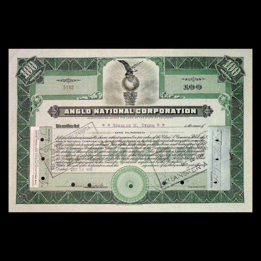 Anglo National Corporation Stock Certificate from 1930s