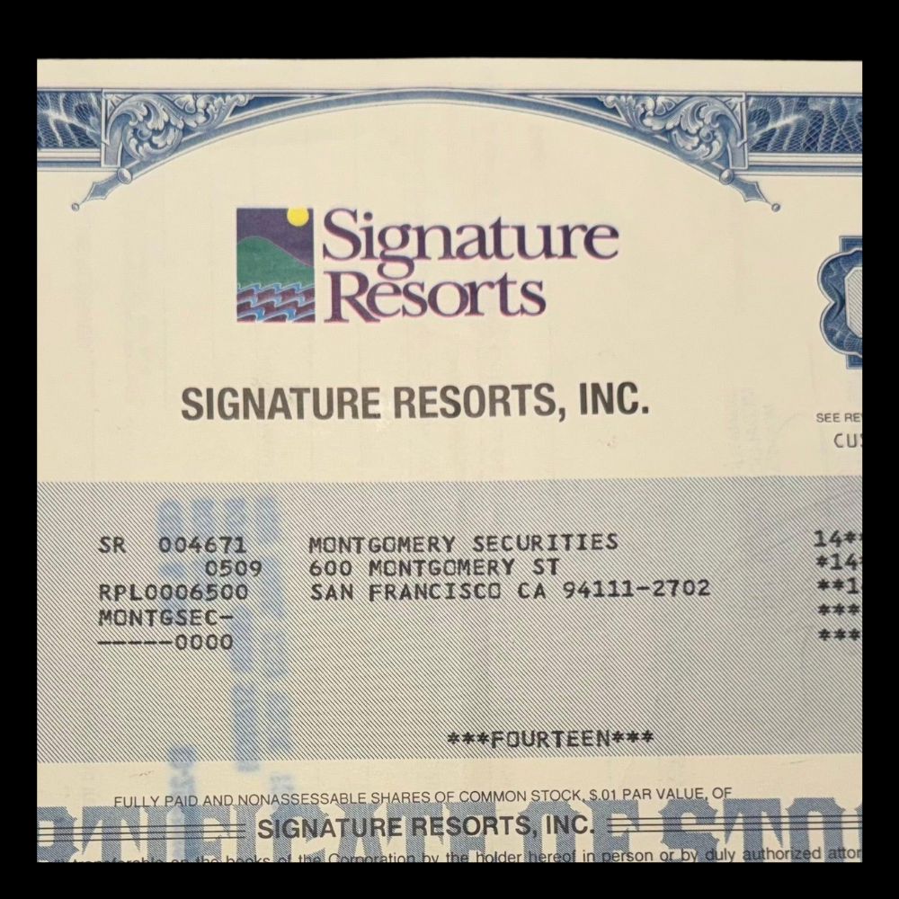Signature Resorts (现为 Sunterra) Inc 股票证书