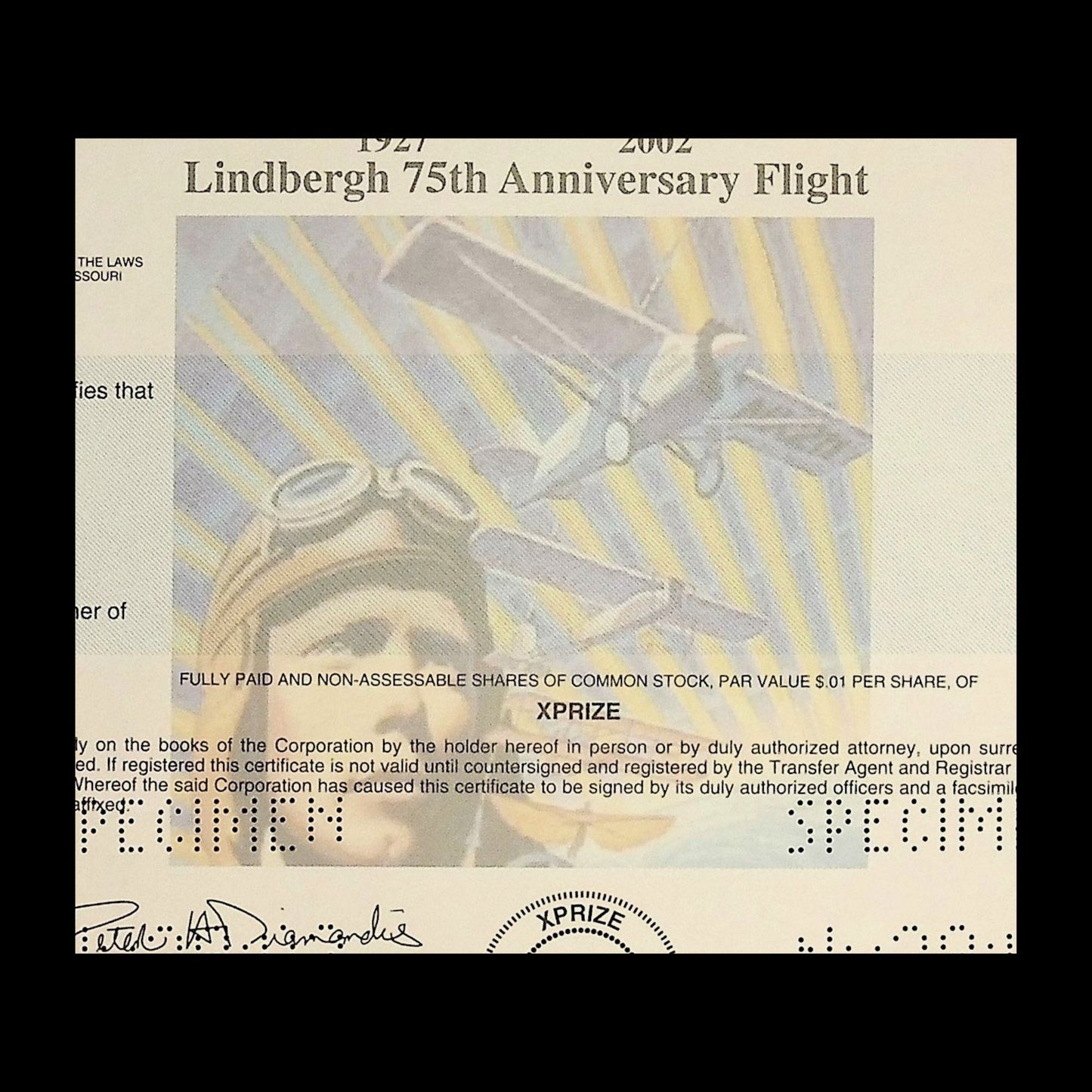 X Prize Lindberg 75th Anniversary Flight Stock Certificate Specimen from 2004
