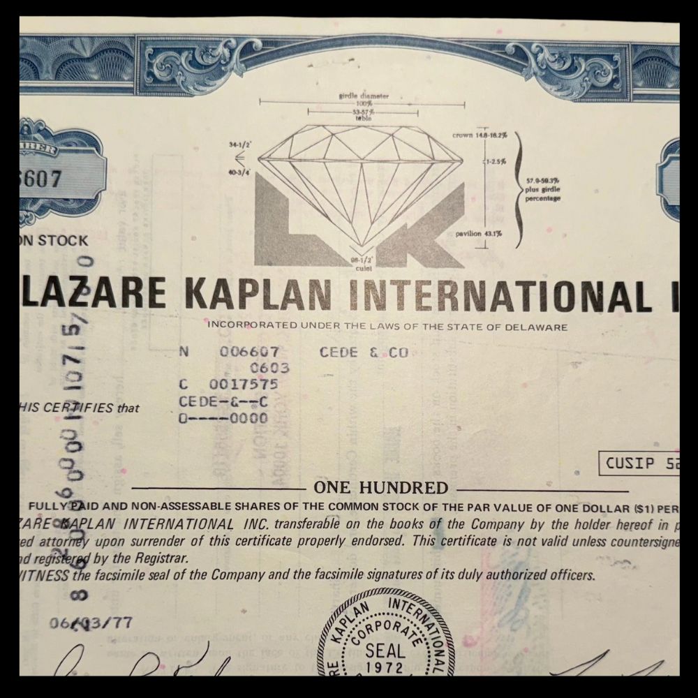 Lazare Kaplan International Inc Stock Certificate (features a diamond) from 1970s