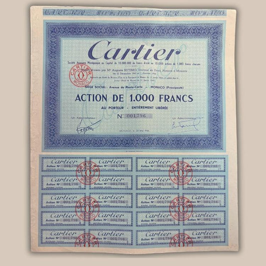 Cartier (Jeweler) Stock Certificate from 1943 - Luxury Jewelry
