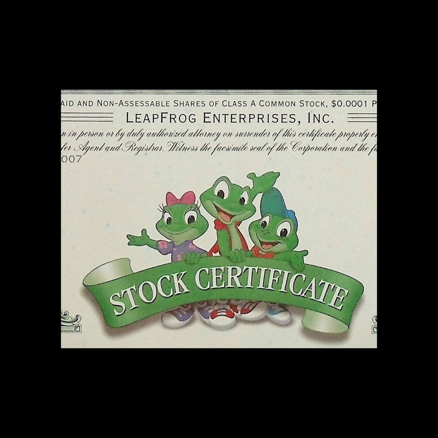 2007 年 LeapFrog 股票证书 - 以彩色青蛙为特色