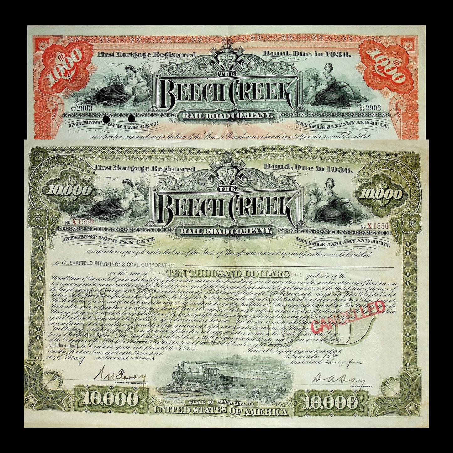 1939 年 Beech Creek 铁路债券证书