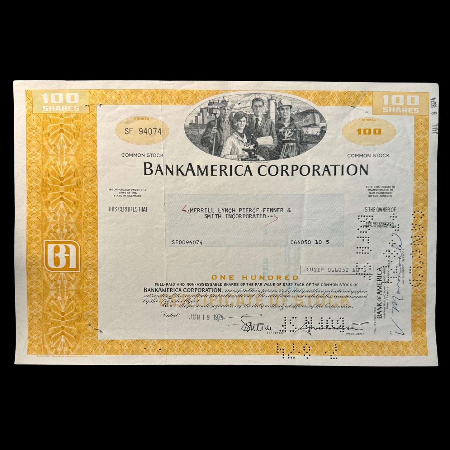 BankAmerica Corporation Stock Certificate from 1970 (now Bank of America)