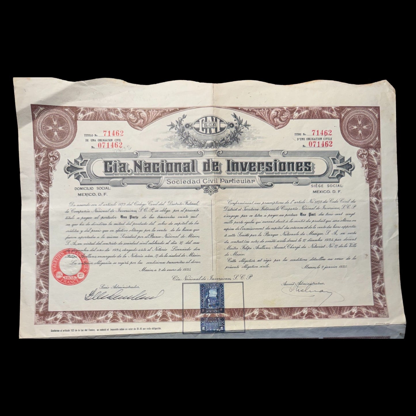 中央情报局。 Nacional de Inversiones Sociedad Civil Special(墨西哥投资公司)股票证书 1935 年
