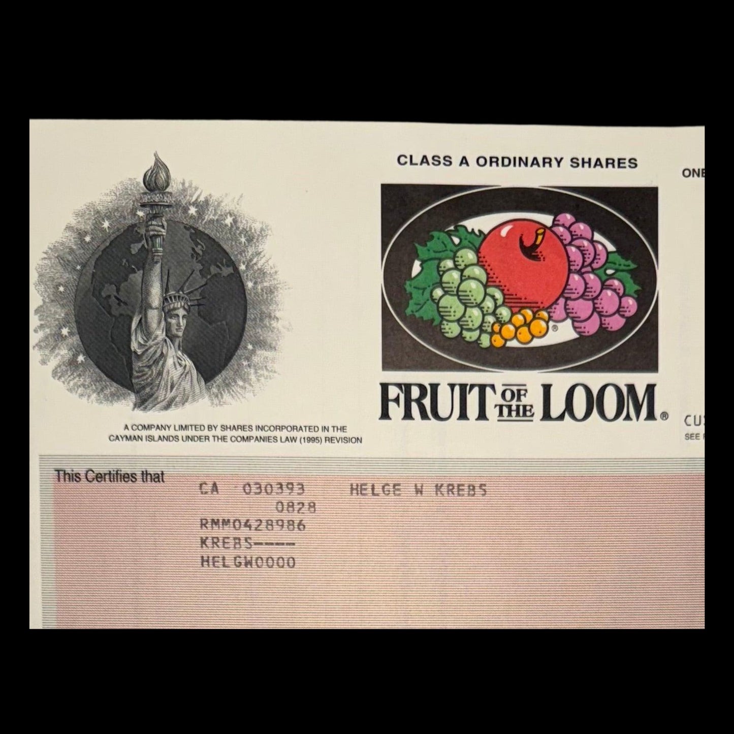 2000 年 Fruit of the Loom 股票证书