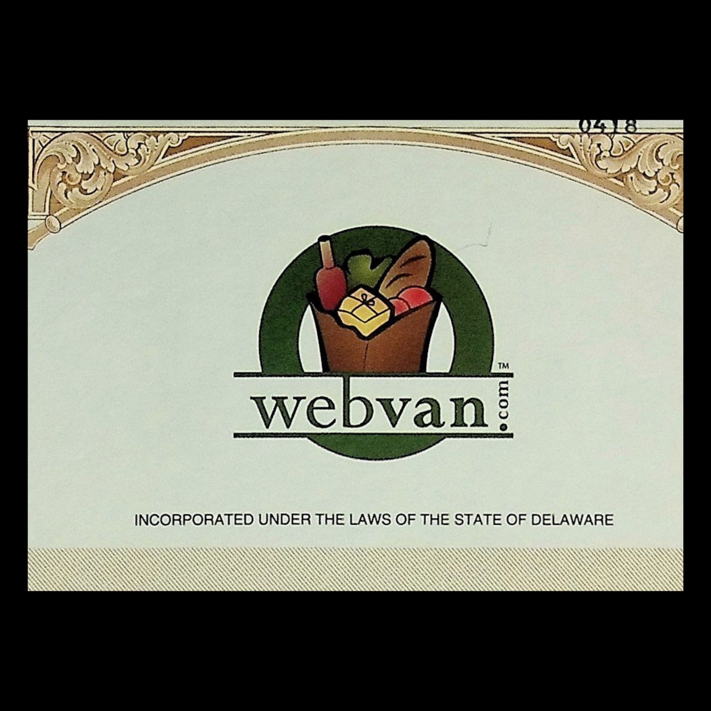 Webvan.com (Dot Com Causality) Stock Certificate from 2001