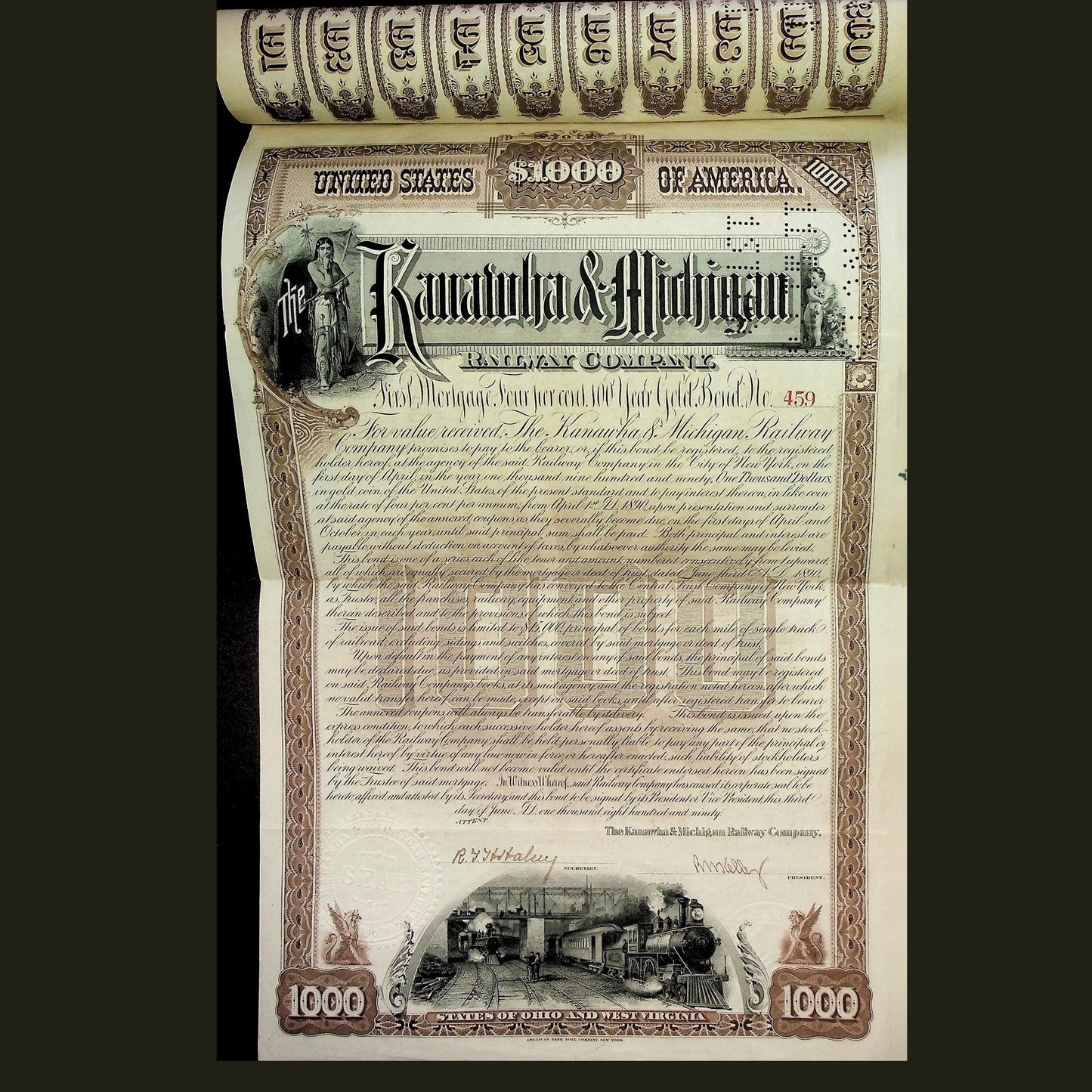 Kanawha & Michigan (West Virginia and Ohio) Railway Company Bond from 1890