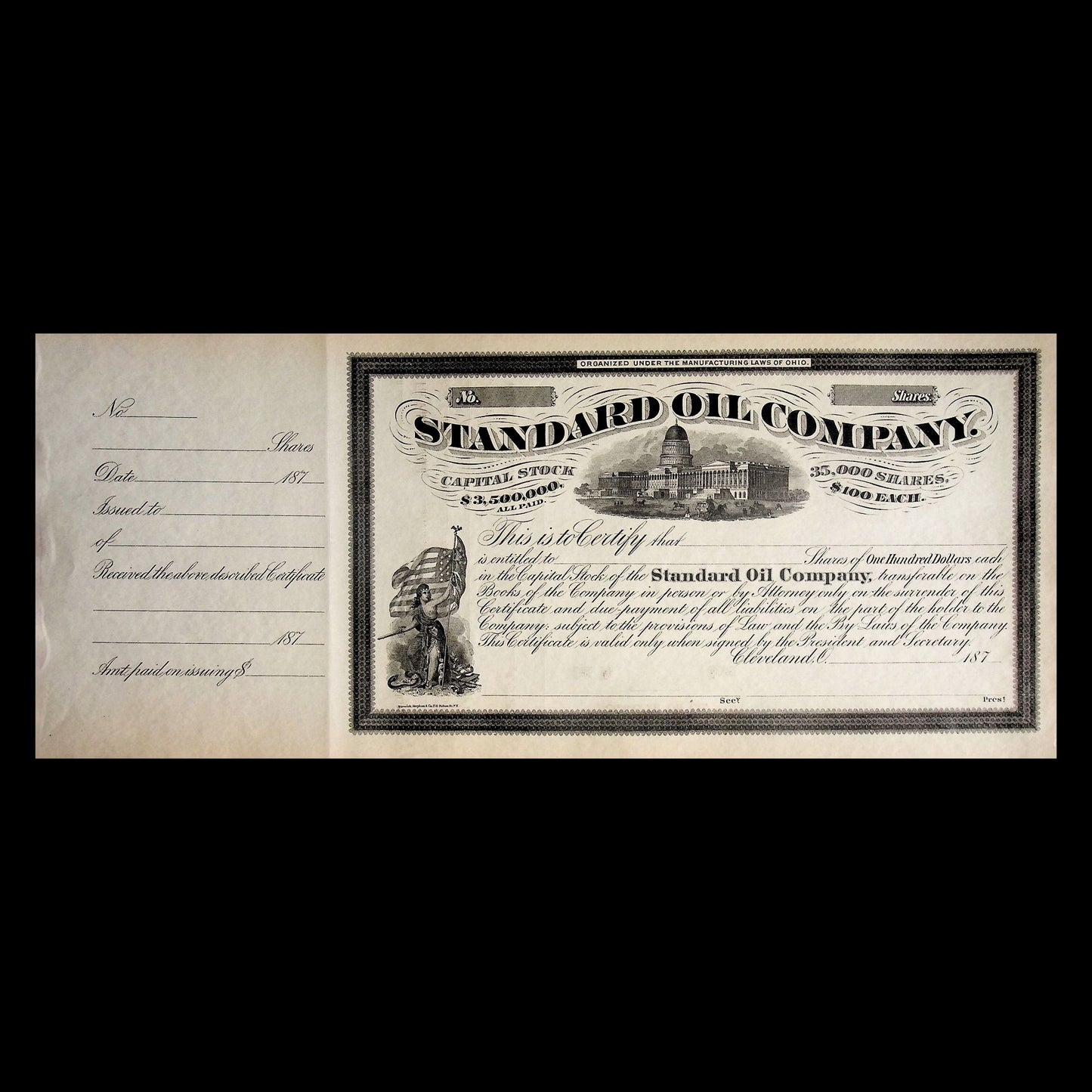 Standard Oil Company Unissued Stock Certificate from 1870s