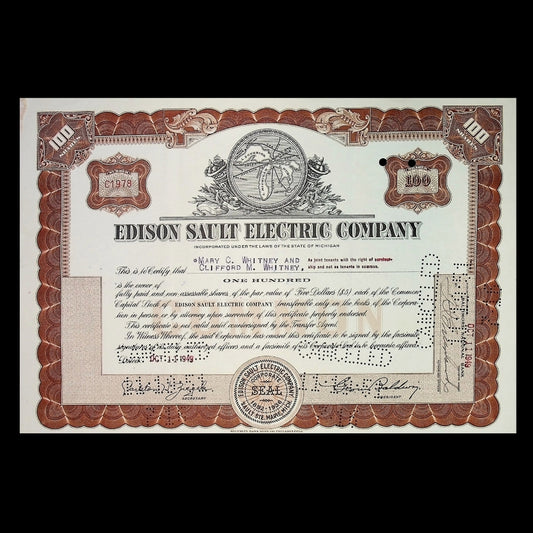Edison Sault Electric Company stock certificate with decorative border and text.